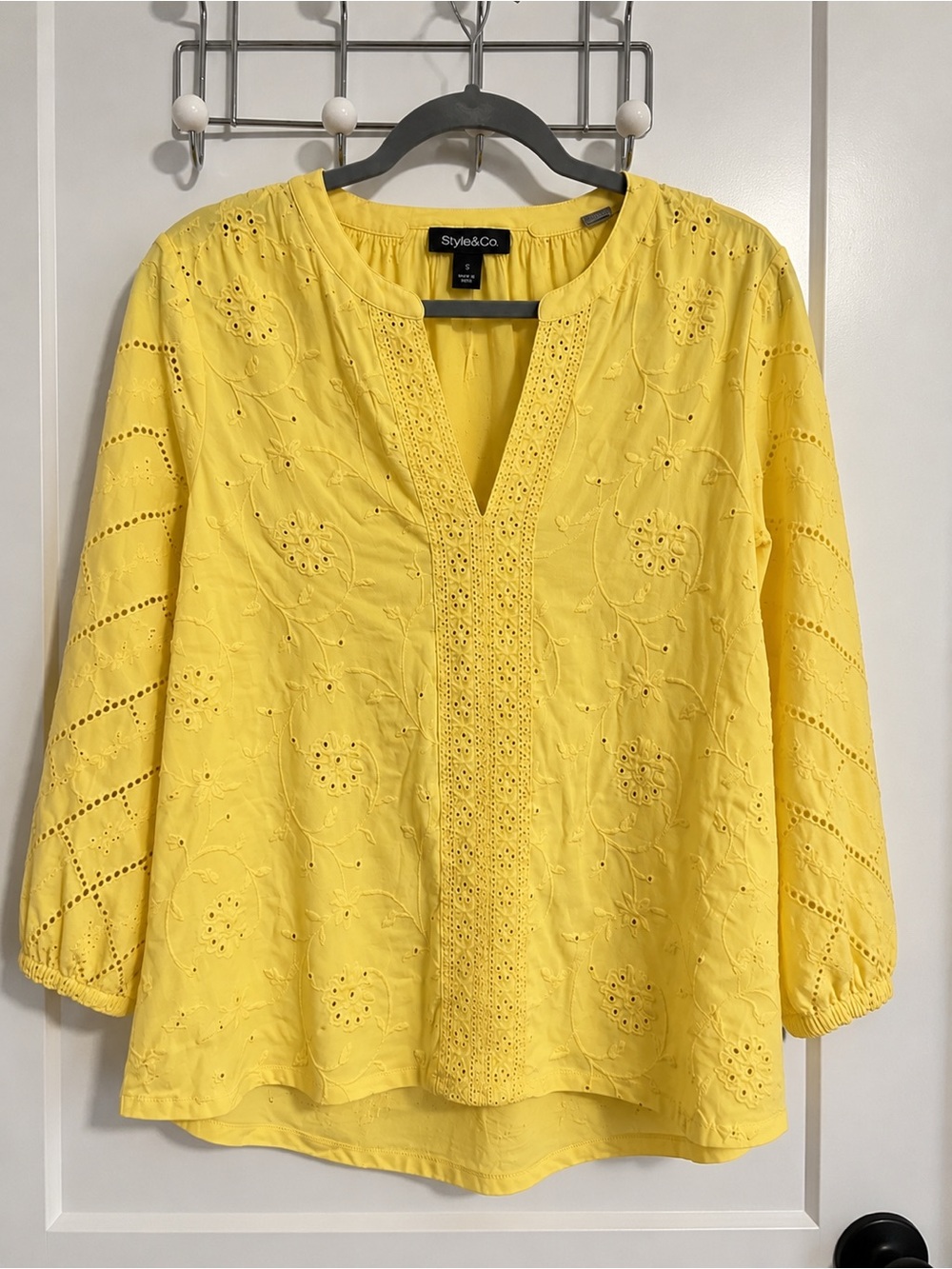 Yellow Eyelet Split-Neck Women's Top